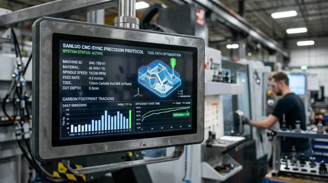 A high-tech digital interface displaying the SanluoCNC-Sync Precision Protocol dashboard, showing real-time CNC milling machine parameters, tool path optimization, and carbon footprint tracking graphs.