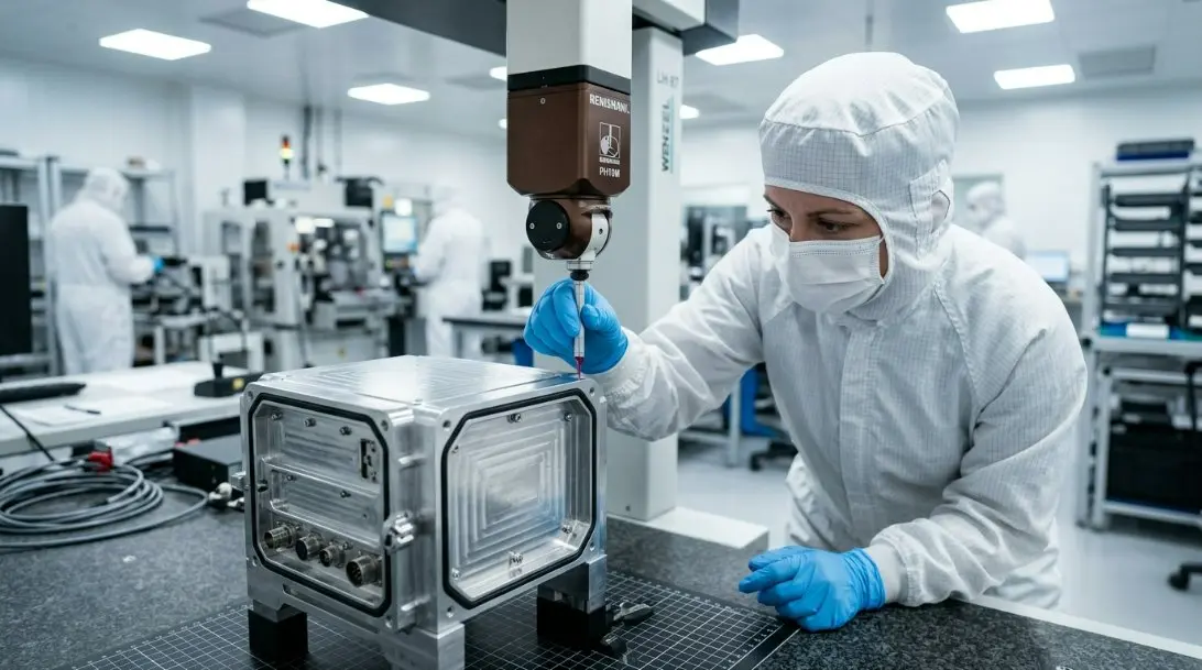 An engineering cleanroom facility where a quality assurance engineer uses a Coordinate Measuring Machine (CMM) probe to verify the dimensions of custom IP68-certified electronic CNC enclosures.